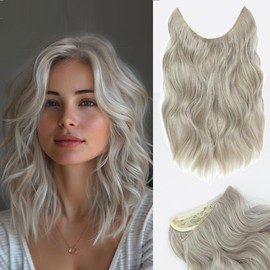 Invisible Wire Hair Extensions One Piece Wavy hair Extension Synthetic HairPieces for Women, 12 Inch Ash Platinum Blonde hairExtensions