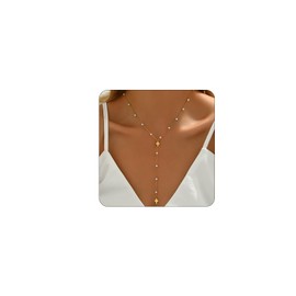 Kyazeo Lariat Necklace for Women 18K Gold Plated Dainty Pearl Y-Shaped Pendant Necklace Tiny cross Drop Pendant Simple Gold Jewelry