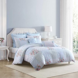 Laura Ashley - Duvet Set, Super Soft & Cozy Bedding, Includes Matching Shams & Bonus Throw Pillow Covers, Coquette Room Decor (Hope Patchwork Blue, King)