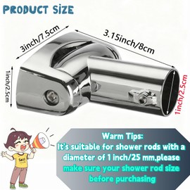 2 Pack Shower Curtain Rod Brackets, Adjustable 180°Rotation, Curved Shower Curtains Rod Sturdy Zinc Alloy Wall Mounted Shower Curtain Rod Holder for Bathroom,Wardrobe,Kitchen,Silver(with Screws)