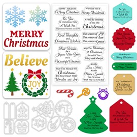 ORIGACH Christmas Sentiments Words Stamps Die and Stencils Sets for Card Making Christmas Greeting Phrase Metal Cutting Die Stamp and PET Template Sets for DIY Scrapbooking Album Decorative