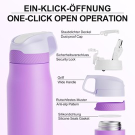 Fjbottle Stainless Steel Sports Water Bottle with Straw 550 ml / 710 ml - One-Click Opening Children's Water Bottle BPA Free for School/Fitness/Yoga