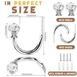 IAGORYUE 4 Pieces Curtain Holdbacks U Form Wall Mounted Curtain Tie Backs Hook Decorative Metal TieBacks with Crystal Ball Curtains Holder Holdbacks for Window Shower Drapery Voile Towel Coat (Silver)