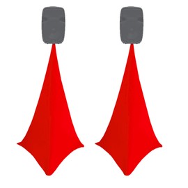 2x bright red double sided spandex stretch speaker stands scrims, tripod cover