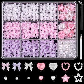 600 Pcs 3D Nail Charms and Flatback Pearls Set 4, Pink&White&Lilac Nail Bows + Pink&White Star Heart Cute Nail Jewels + 2-4mm White Nail Pearls for Nail Art DIY Decoration with Pickup Tools