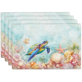Sea Turtle Placemats Set of 4 Ocean Starfish Shell Table Mats Nautical Turtle Place Mats 12x18 Inch for Party Kitchen Dining Restaurant Decoration