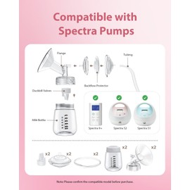 Breast Pump Parts Compatible with Spectra S1/S2/9 Plus, Not Original Accessories, Full Set Replacements Include 13mm Flanges, Valves, Backflow Protectors (Duckbills Included), Tubings and Bottles