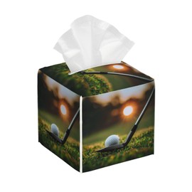 Sports Golf Theme Tissue Box Cover Square, PU Leather Facial Tissue Cube Box Holder, Modern Tissue Case Dispenser for Bedroom Tabletop Vanity Countertop