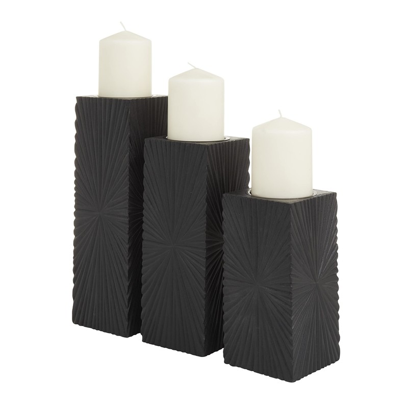 CosmoLiving by Cosmopolitan Wood Geometric Carved Pillar Candle Holder, Set