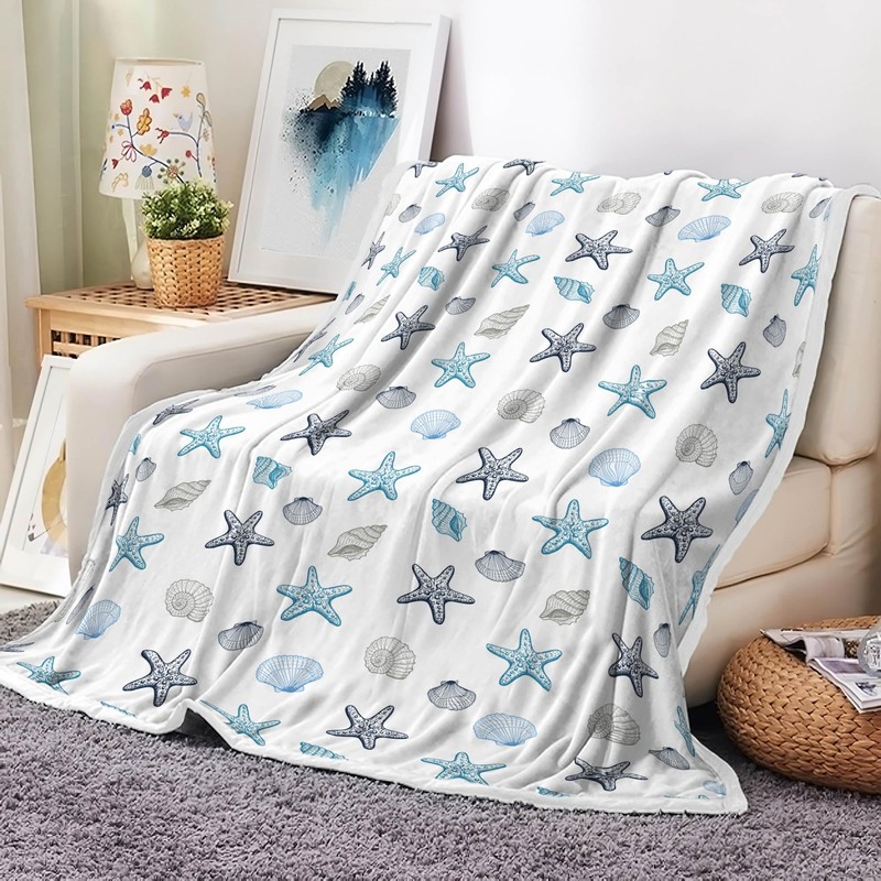 Ydbkt Coastal Ocean Beach Throw Blanket, Starfish Seashells Summer Fleece