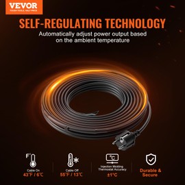 VEVOR Self Regulating Pipe Heating Cable 3.7m 16.4W/m Heating Cable Frost Protection Water Pipe Heating Cable with Built-in Thermostat Protects PVC Hoses, Metal and Plastic Pipes from Freezing