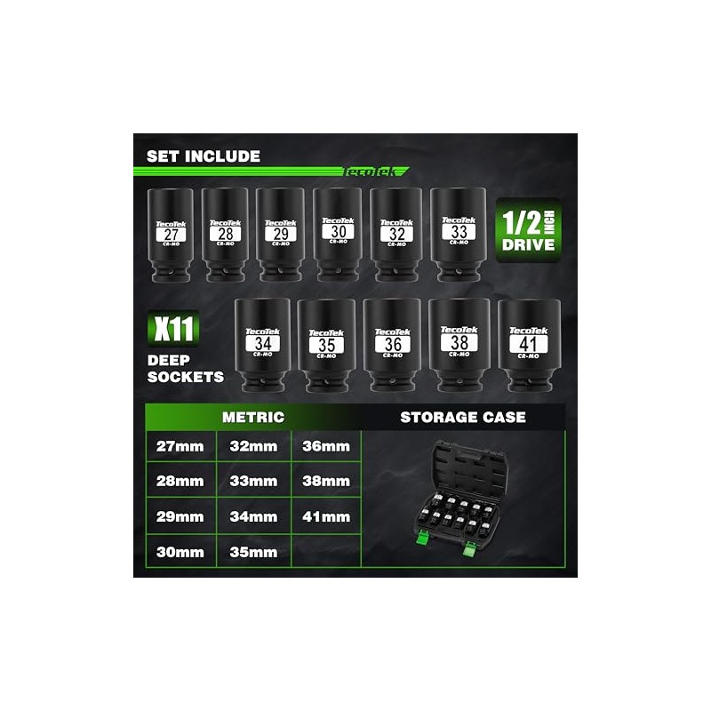 TecoTek 1/2" Drive Deep 6-Point Impact Socket Set, 11-Piece Deep