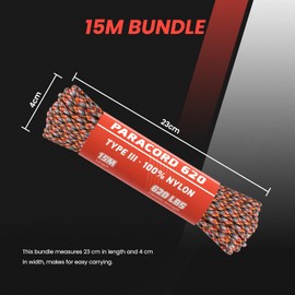 Abma Cord Paracord 4mm 15m 100% Nylon Rope 9 Strands Type III Parachute Cord for DIY, Camping, Survival, Outdoor - Max. 280kg - Summer Sunrise (Lava)