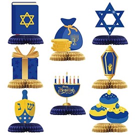 8pcs Happy Hanukkah Table Decorations, Menorah Dreidel Table Centerpieces Star of Davids Sign for Chanukah/Hanukkah Party Wedding Birthday Party Baby Shower Honeycomb Centerpiece