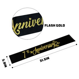 7th Anniversary Sash - Happy 7th Wedding Anniversary Soft Black Sash with Gold Foil - Celebration 7th Wedding Anniversary Party Supplies Gift Decors Favors for Husband Wife