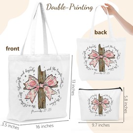 Christian Gifts for Women, Girls Preppy Bow Canvas Tote Bag Makeup Bag Set, Inspirational Bible Verse Religious Gifts Graduation Retirement Nurse Mothers Day Reusable Grocery Bags Travel Cosmetic Bags