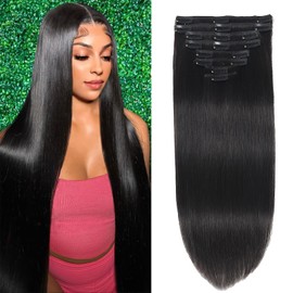 Clip in Hair Extensions Real Human Hair Clip in Extensions for Women Seamless Invisible Natural Black Straight Remy 100% Human Clips ins Extension 8pcs Double Weft 16 inch 3.2oz/90g