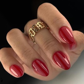 Light Red Press on Nails Short Acrylic Nails Press on, Solid Color Medium Short Shaped Fake Nails for Women Reusable Thick Round Nails Glue on, Medium Almond Nails Soft Gel 24Pcs False Nails