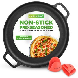 NutriChef 13-Inch Flat Cast Iron Pizza Pan - Versatile Pre-Seasoned Round Cooking Griddle w/Built-In Handles for Oven, Grill, Stove, and Campfires - Includes 2 Heat Safe Silicone Grips