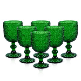 Vintage Wine Glasses Set of 6, 12 OZ Christmas Green Glass Water Goblets, Embossed Floral Decorative Crystal Glass Cups Set, Dishwasher Safe, for Wedding, Party, Red Wine Glass, Bars, Restaurants