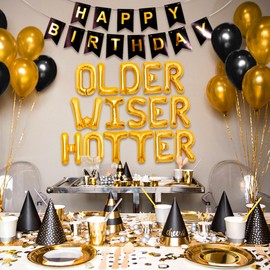 JeVenis Older Wiser Hotter Sign Banner Funny 50h 60th 70th 80th Birthday Party Decorations for Men and Women
