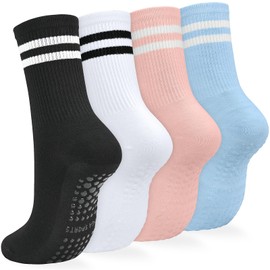 srclo 4 Pairs Women Yoga Non Slip Pilates Grippy Mid-Calf Breathable Cotton Socks for Ballet, Dance, Workout, Fitness, Running
