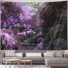 JAWO Nature Landscape Tapestry Blooming Purple Flowers, Romantic Bougainvillea Forest with Rustic Bridge Decor Wall Hanging Tapestry Blanket for Bedroom Living Room Dorm 80X60 Inches