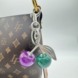 Qiansail Cherry Bag Charm Purse Charms, Cute Cherry Keychain Purse Accessories Gifts for Women Birthday Christmas (Silver Clip-Purple Green)