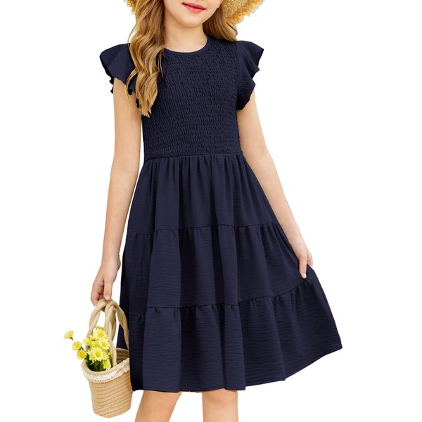 Arshiner Girls Summer Flutter Short Sleeve Sundress Smocked Elastic Waist