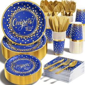 Ecomore 2024 Graduation Party Supplies - 350 PCS Disposable Dinnerware Set (Severs 50) with Blue Gold Congrats Paper Plates Napkins Cups Plastic Forks Knives Spoons for Grad Decoration class of 2024