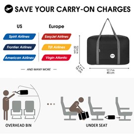 WANDF For Spirit Airlines Personal Item Bag 18x14x8 Travel Duffel Bag Underseat Foldable Carry-on Luggage for Women（A-Black）