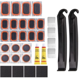 Kit Reparación Neumáticos Bicicleta 32 Piezas,Kit Parches para Pinchazos Cámara Bicicleta con 20 Parches Vulcanizantes,Escofina Metálica y Palanca para Neumáticos
