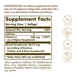 Solgar Vitamin E 268 mg (400 IU), 100 Vegetarian Softgels - Natural Antioxidant, Skin & Immune System Support - Naturally-Sourced Vitamin E - Non-GMO, Vegan, Gluten Free, Dairy Free - 100 Servings