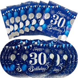 40PCS 30th Birthday Party Set, including Navy Blue 7-inch Dessert Plate and 30th Birthday Napkins, suitable for 20 guests attending birthday parties, decorated with blue and silver themes