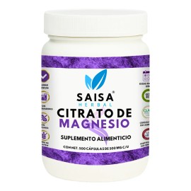 Citrato De Magnesio Puro Con 500 Cápsulas De 500 Mg C/u. | Suplemento Alimenticio | Alta Biodisponibilidad | Sin Sabor Saisa Herbal | Apoyo Del Sueño, Energía, Vitalidad