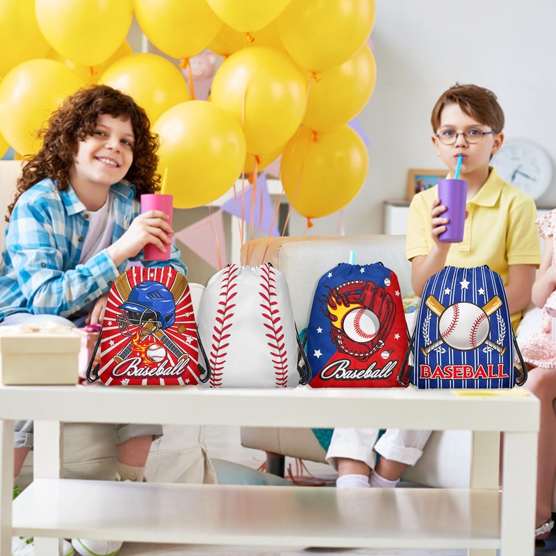 12 Pieces Baseball Themed Drawstring Non-Woven Bags, 3 Designs Sports