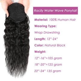 Human Hair Water Wave Drawstring Ponytail Extensions Natural Black Ponytail Corn Wave for Black Women Ponytail Clip in Extensions (16")