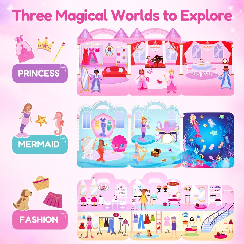 JoyCat Reusable Dress-Up Sticker Books, 3-Pack, Princess Mermaid Fashion