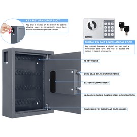 Durabox 40 Keys Cabinet with Digital Lock - Electronic Key Safe, Steel Lock Box with Drop Slot for Key Returns and Safe Storage - Wall Mountable Key Lock Box with Bolts, Key Tags (Dark Grey)