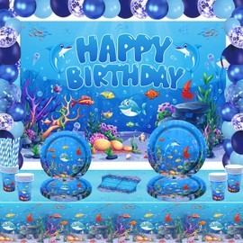 146 Pack Under the Sea Party Supplies Ocean Sea Party Tableware Set - Plates, Cups, Napkins, Tablecloth, Backdrop, Balloons for Underwater World Summer Beach Birthday Party Decorations Serves 20