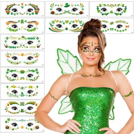 12 Pcs Shamrock Face Temporary Tattoos Sticker St. Patrick's Day Green Clove Hat Heart Face Gem Body Fake Freckles Tattoos for Women Irish Parade Holiday Party Makeup Decals Art Decoration