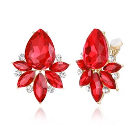 Flyonce Vintage Rhinestone Clip On Stud Earrings for Women, Fancy Crystal Cluster Teardrop Art Deco Non Pierced for Wedding Bridal Brides Red Gold-Tone