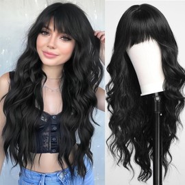 HAIRCUBE Long Wave Wig with Fringe for Women Natural Heat Resistant Synthetic Fibre Wigs with Fringe Daily Cosplay (Black)