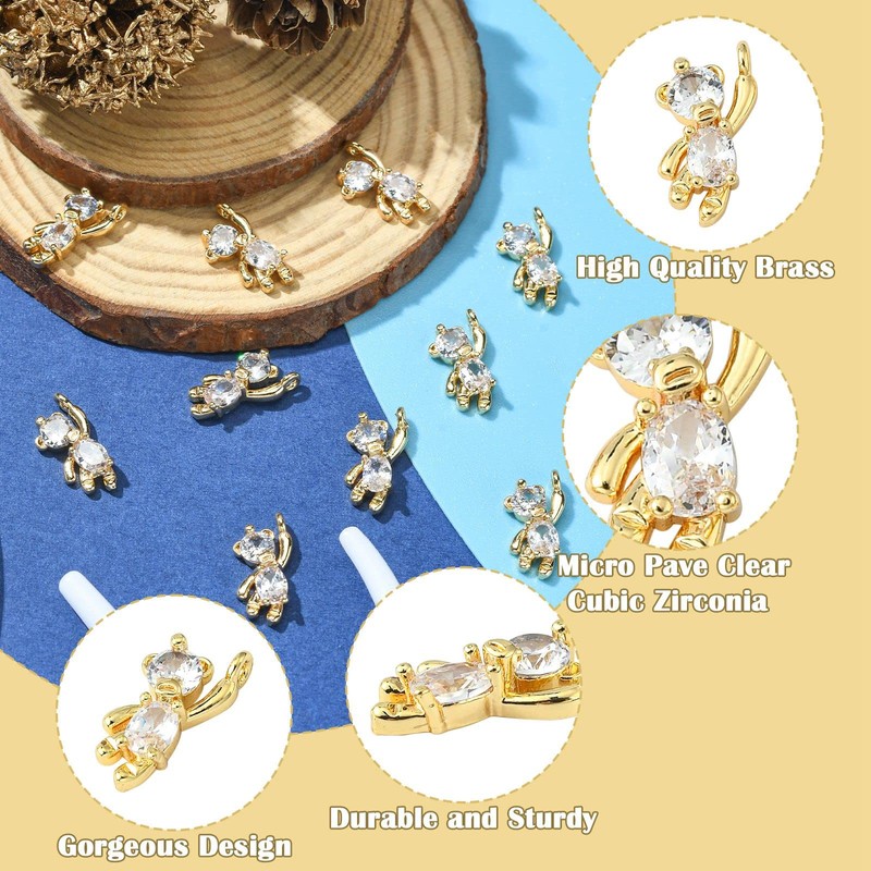 5pcs Cubic Zirconia Bear Charms 18K Gold Plated Cute Animal