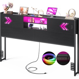 Homieasy Headboard for King Size Bed with Storage, Sturdy Bookcase Headboards with Outlet, USB & LED Light, King Size Headboard Only, Head Board with Sliding Doors & Bed Adapter for Bedroom, Black