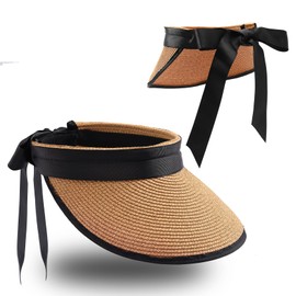 MILAKOO Sun Visor Hat Women Adjustable Wide Brim Cap UV Protection Foldable Straw Beach Ponytail Hat with Band, khaki, Unit size