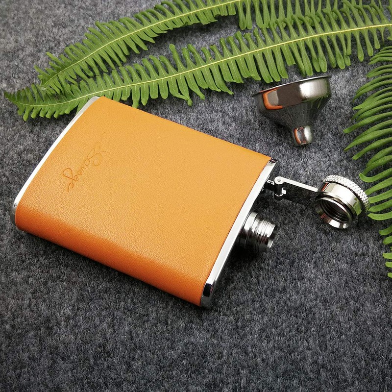 iSavage 3oz Orange Leather Wrapped Hip Flask with a Funnel