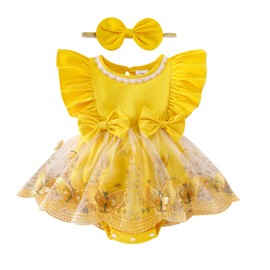TOKIAGO 18 Months Girl Clothes Baby Summer Outfits Butterflies Embroidery Tulle Bow Ruffle Sleeveless Infant Romper Headband Yellow Set 12-18 Months