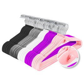 Multi-Color Velvet Hangers 50 Pack with Cascading Hooks, Non-Slip Black, Pink, White, Grey, and Purple Velvet Hangers for Clothes, Suits, and Coats