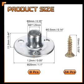 sourcing map 8Pcs M8 T-Nuts, Zinc Plated Steel Brad Hole Tee Nut with Screws, 3-Hole Round Base Weld Nuts 11.2mm Height Through Hole Flange, Silver